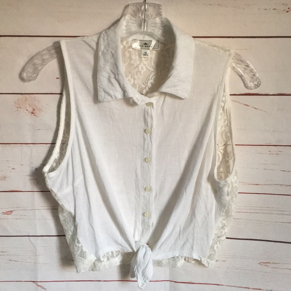 Cream Tie Front Lace Back Sleeveless Button Down